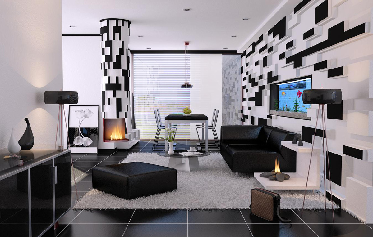 black-and-white-living-room-interior-designs-geometric-black-and-white-wall-patterns-glass-coffe-table-black-ottoman-glass-cabinet-modern-fireplace-large-window
