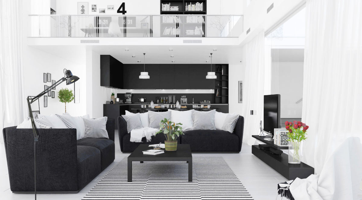modern-black-white-living-room-red-accent-floor-lamp-black-couches-coffee-table-frames-open-upstairs-area-tv-roses